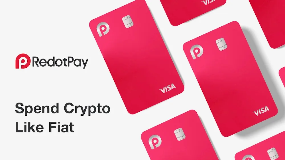 Pink RedotPay Visa cards next to the RedotPay logo and the slogan Spend Crypto Like Fiat